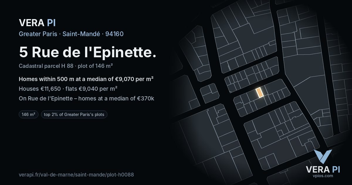 5 Rue de l'Epinette, Saint-Mandé at night – the plot lit, the parcels around coloured by the prices near them