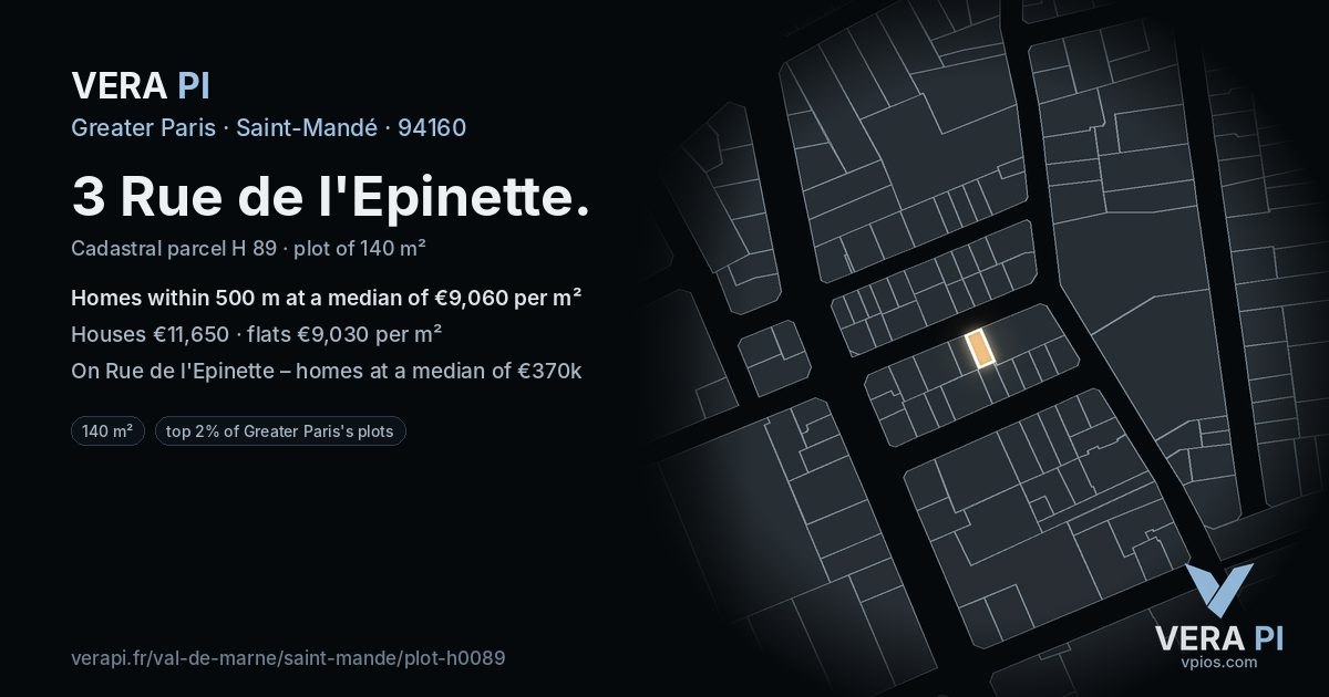3 Rue de l'Epinette, Saint-Mandé at night – the plot lit, the parcels around coloured by the prices near them