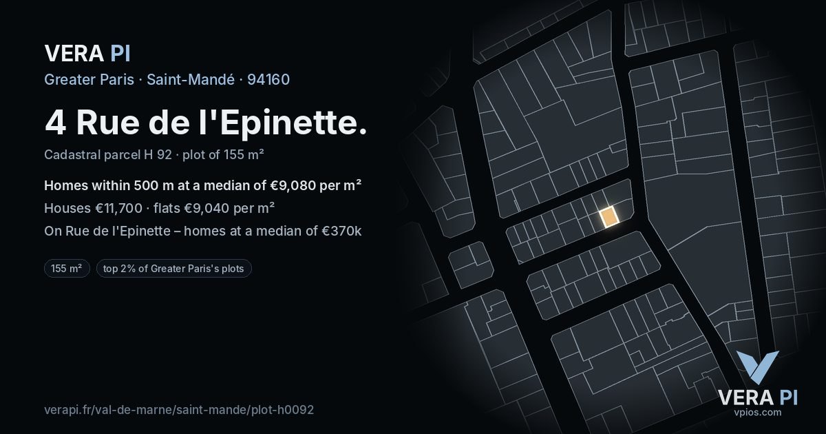 4 Rue de l'Epinette, Saint-Mandé at night – the plot lit, the parcels around coloured by the prices near them