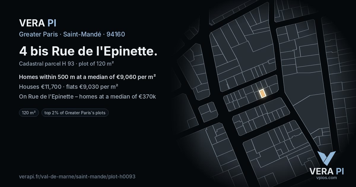 4 bis Rue de l'Epinette, Saint-Mandé at night – the plot lit, the parcels around coloured by the prices near them