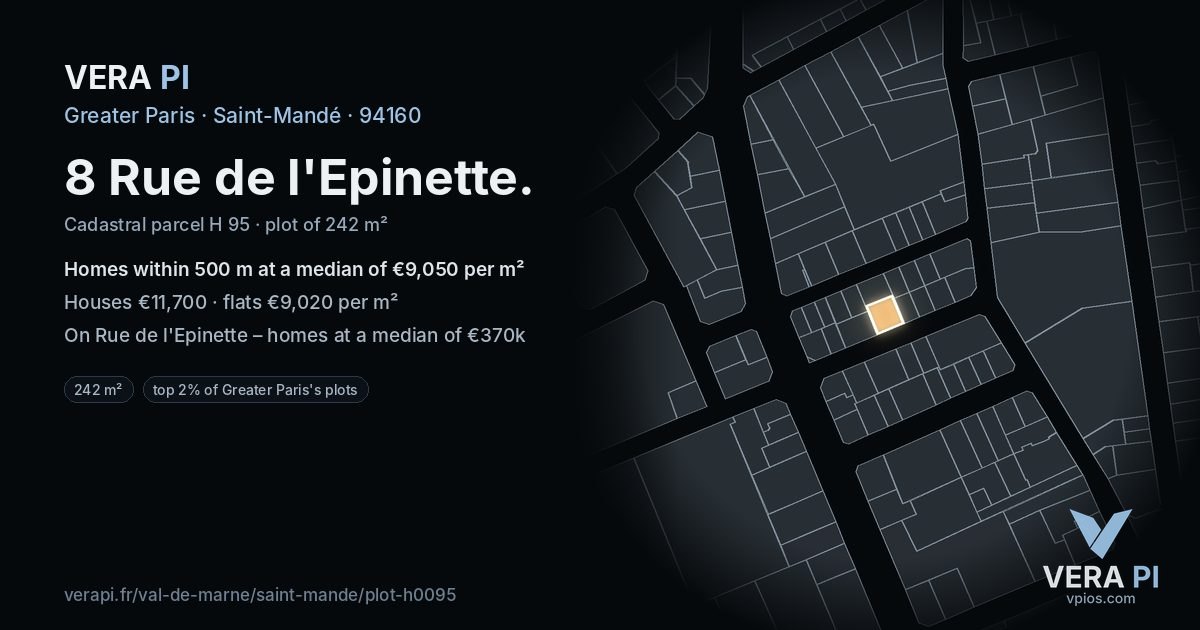 8 Rue de l'Epinette, Saint-Mandé at night – the plot lit, the parcels around coloured by the prices near them