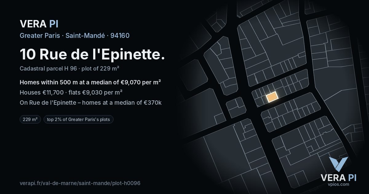 10 Rue de l'Epinette, Saint-Mandé at night – the plot lit, the parcels around coloured by the prices near them