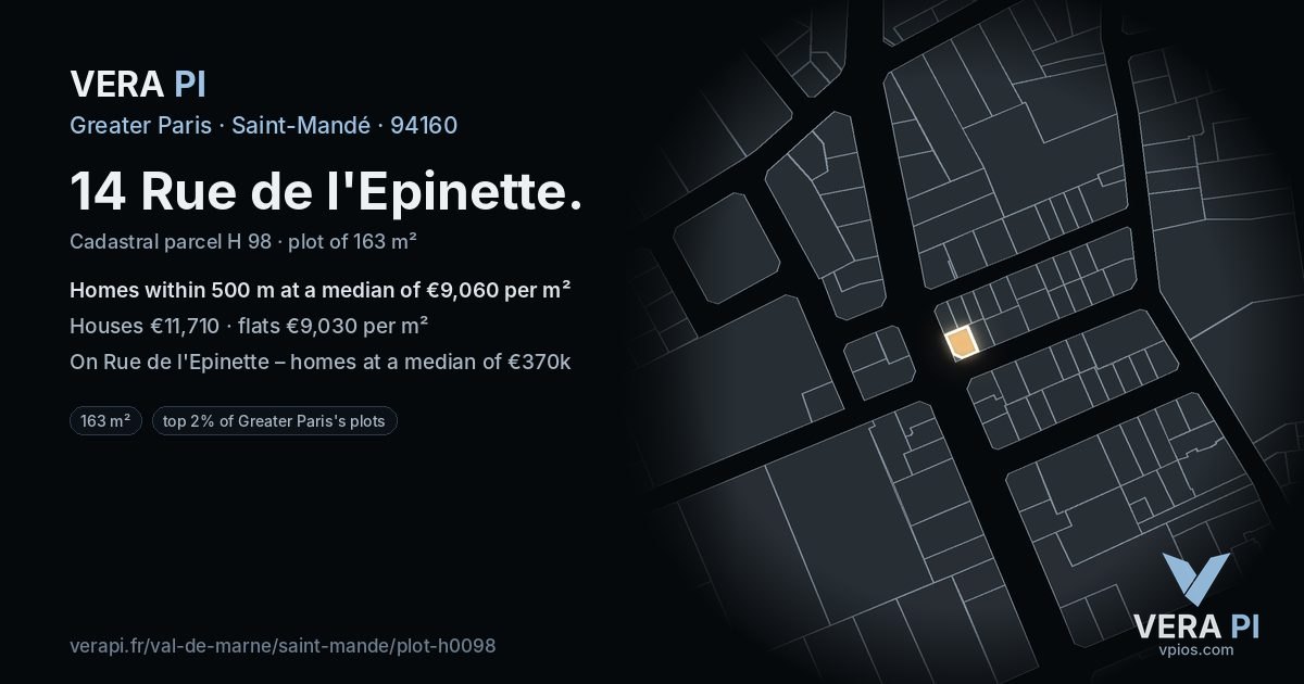 14 Rue de l'Epinette, Saint-Mandé at night – the plot lit, the parcels around coloured by the prices near them
