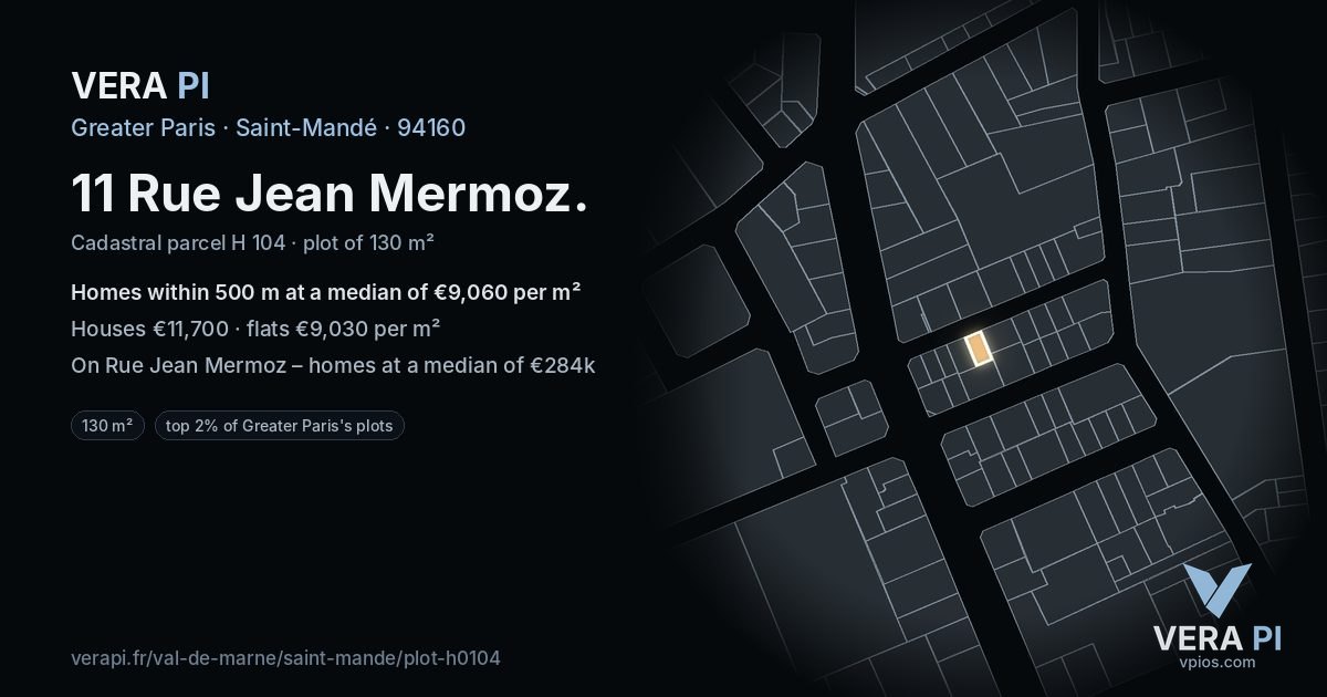 11 Rue Jean Mermoz, Saint-Mandé at night – the plot lit, the parcels around coloured by the prices near them