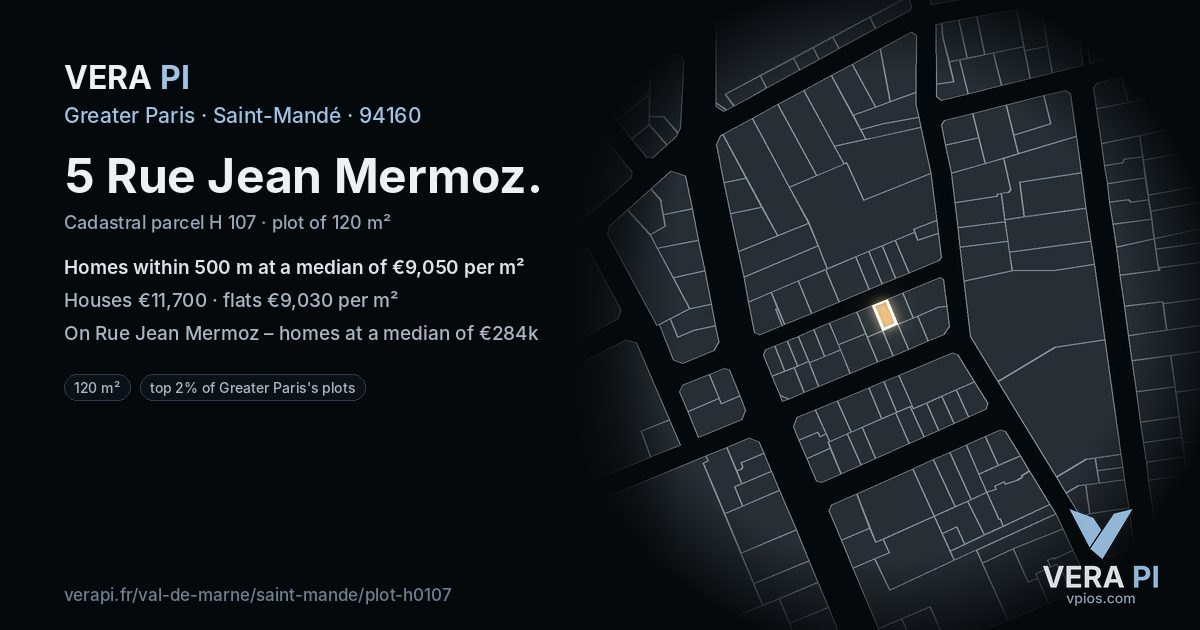 5 Rue Jean Mermoz, Saint-Mandé at night – the plot lit, the parcels around coloured by the prices near them