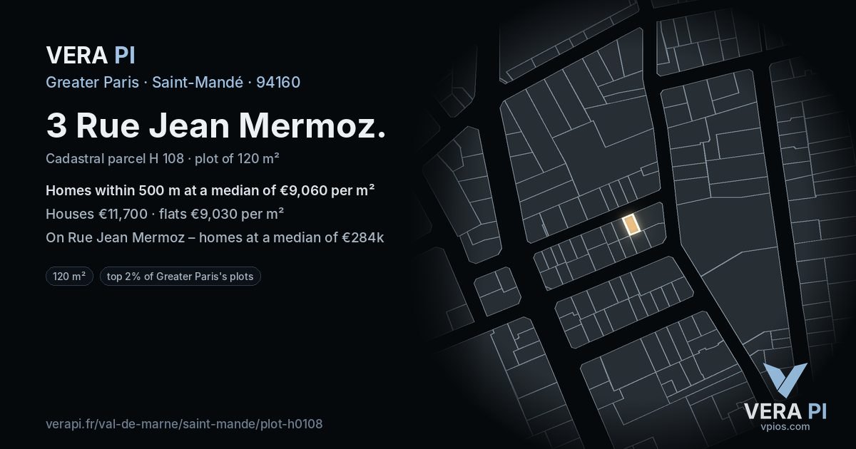 3 Rue Jean Mermoz, Saint-Mandé at night – the plot lit, the parcels around coloured by the prices near them