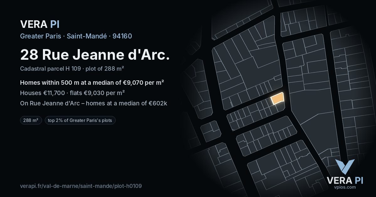 28 Rue Jeanne d'Arc, Saint-Mandé at night – the plot lit, the parcels around coloured by the prices near them