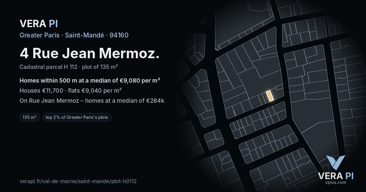 4 Rue Jean Mermoz, Saint-Mandé at night – the plot lit, the parcels around coloured by the prices near them