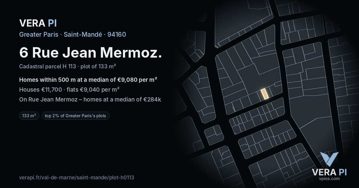 6 Rue Jean Mermoz, Saint-Mandé at night – the plot lit, the parcels around coloured by the prices near them