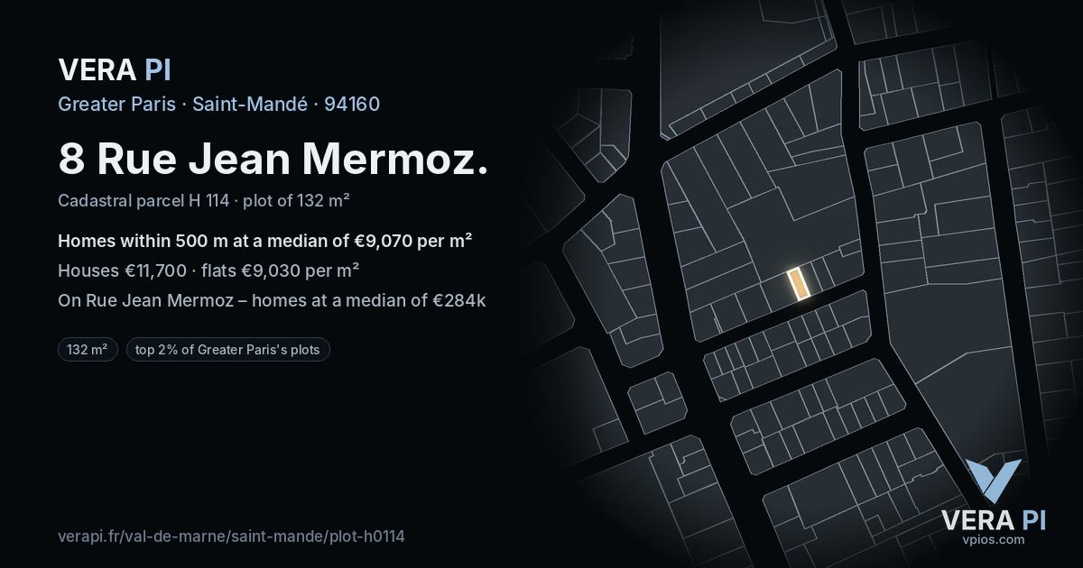8 Rue Jean Mermoz, Saint-Mandé at night – the plot lit, the parcels around coloured by the prices near them