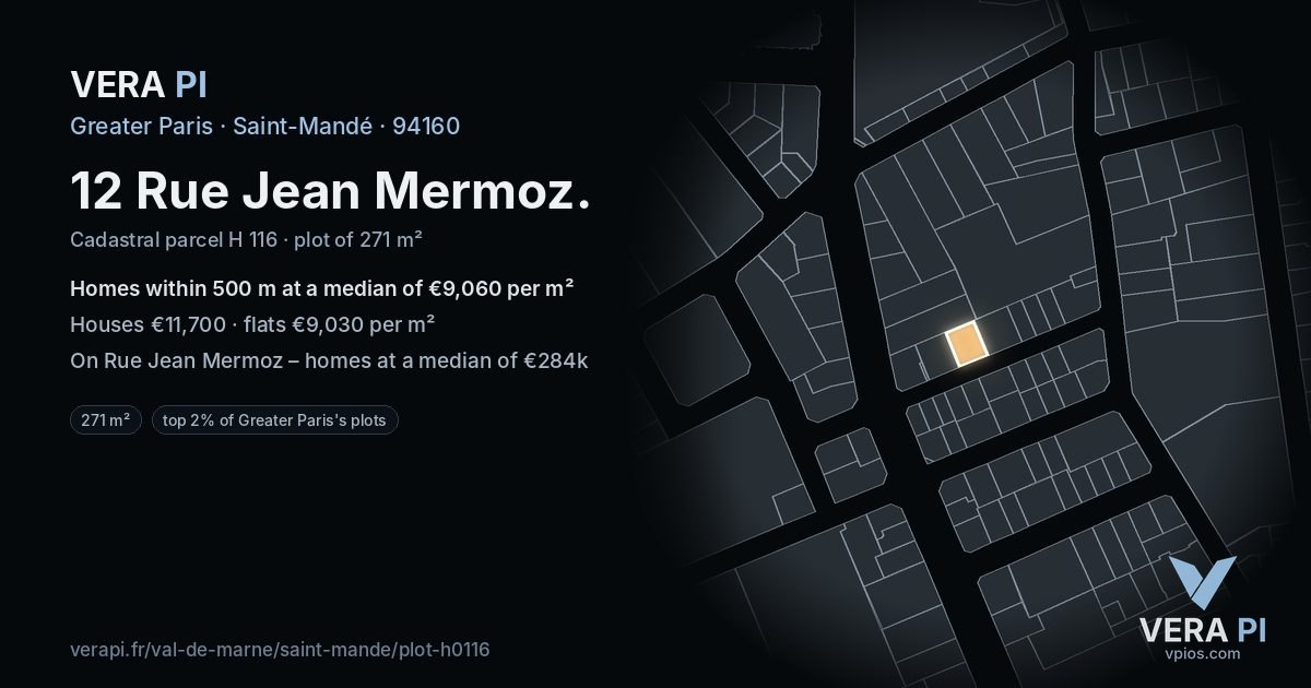 12 Rue Jean Mermoz, Saint-Mandé at night – the plot lit, the parcels around coloured by the prices near them