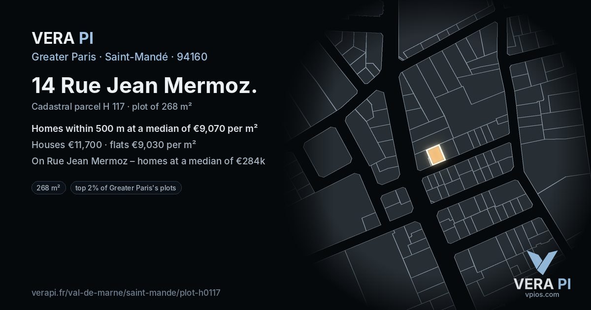 14 Rue Jean Mermoz, Saint-Mandé at night – the plot lit, the parcels around coloured by the prices near them