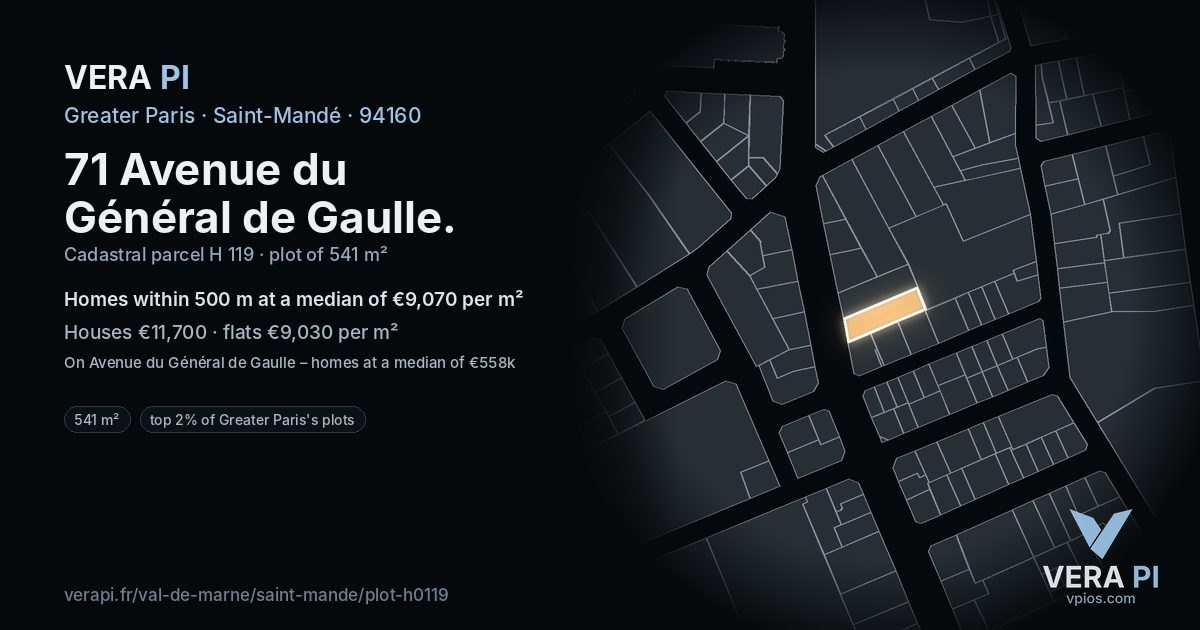71 Avenue du Général de Gaulle, Saint-Mandé at night – the plot lit, the parcels around coloured by the prices near them