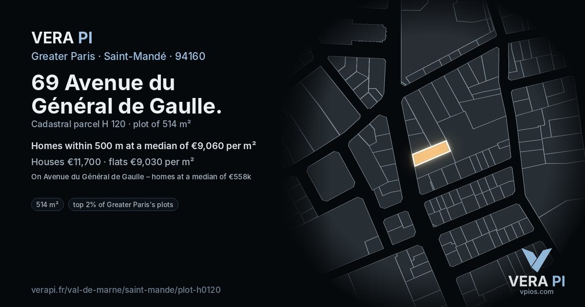 69 Avenue du Général de Gaulle, Saint-Mandé at night – the plot lit, the parcels around coloured by the prices near them
