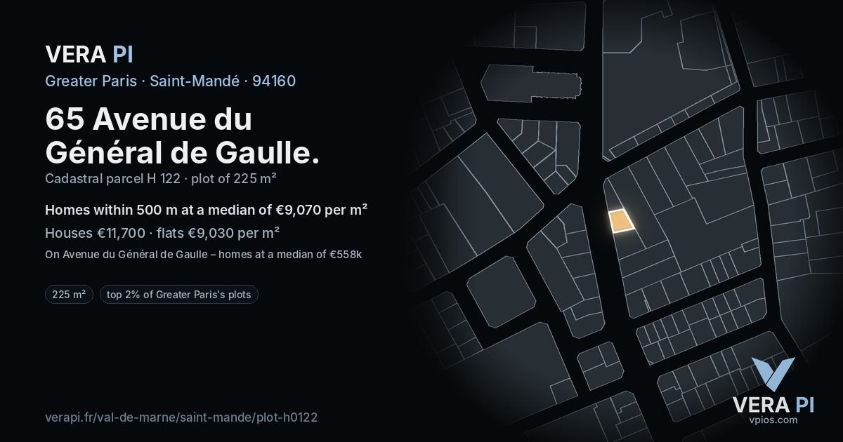 65 Avenue du Général de Gaulle, Saint-Mandé at night – the plot lit, the parcels around coloured by the prices near them