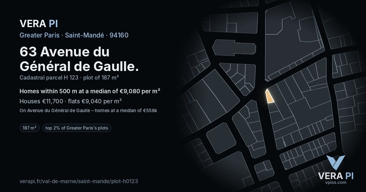 63 Avenue du Général de Gaulle, Saint-Mandé at night – the plot lit, the parcels around coloured by the prices near them