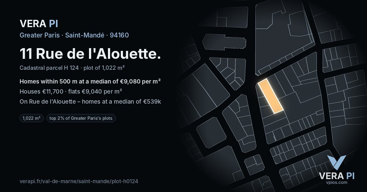 11 Rue de l'Alouette, Saint-Mandé at night – the plot lit, the parcels around coloured by the prices near them