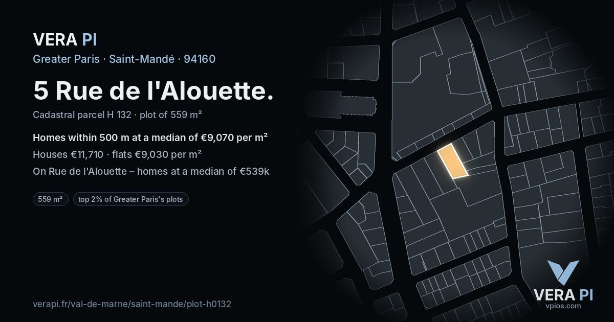 5 Rue de l'Alouette, Saint-Mandé at night – the plot lit, the parcels around coloured by the prices near them