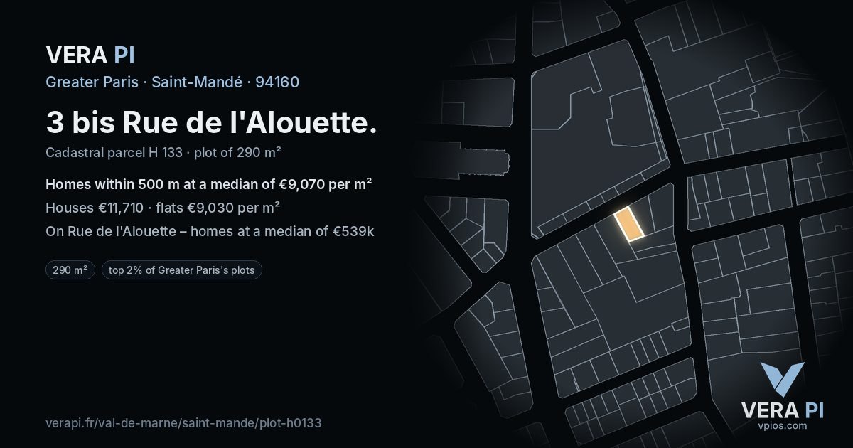 3 bis Rue de l'Alouette, Saint-Mandé at night – the plot lit, the parcels around coloured by the prices near them