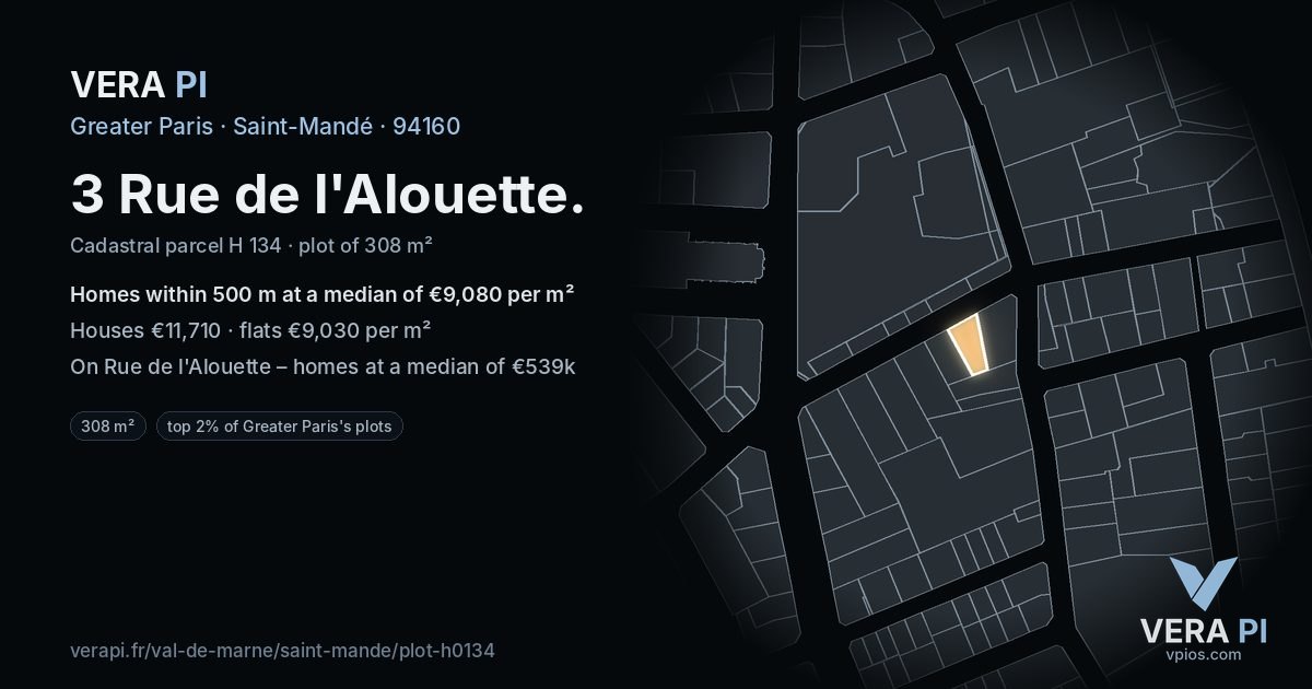 3 Rue de l'Alouette, Saint-Mandé at night – the plot lit, the parcels around coloured by the prices near them