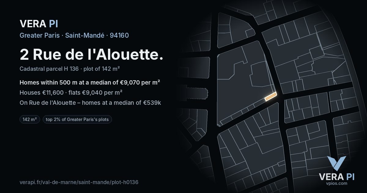 2 Rue de l'Alouette, Saint-Mandé at night – the plot lit, the parcels around coloured by the prices near them