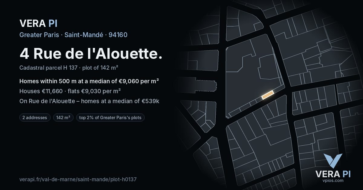 4 Rue de l'Alouette, Saint-Mandé at night – the plot lit, the parcels around coloured by the prices near them