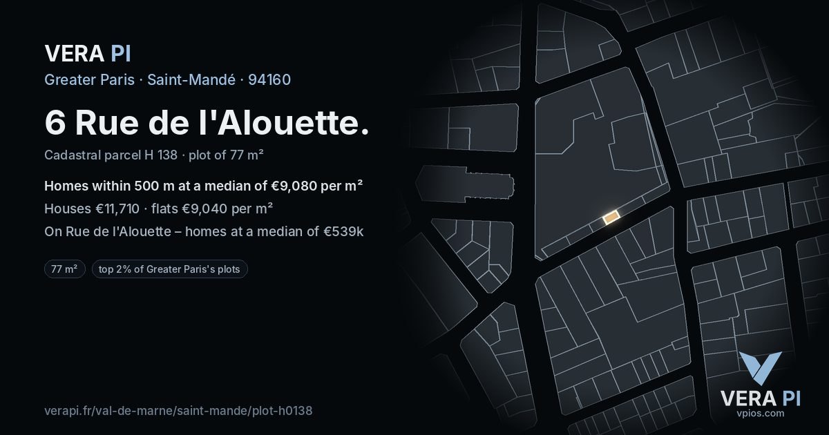 6 Rue de l'Alouette, Saint-Mandé at night – the plot lit, the parcels around coloured by the prices near them
