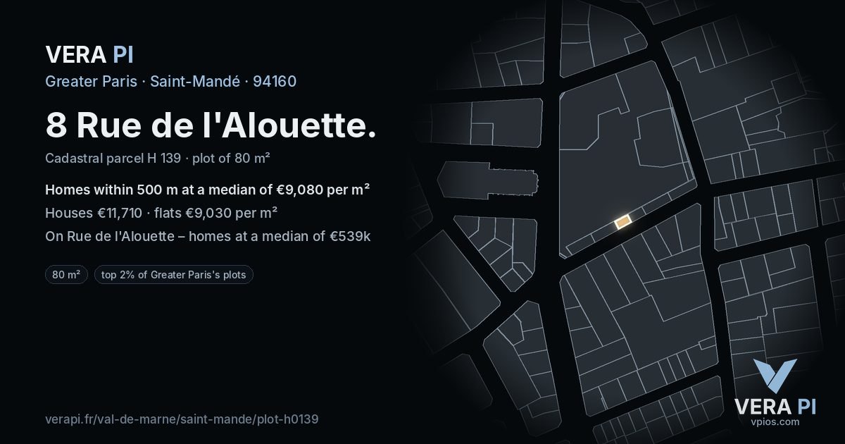 8 Rue de l'Alouette, Saint-Mandé at night – the plot lit, the parcels around coloured by the prices near them