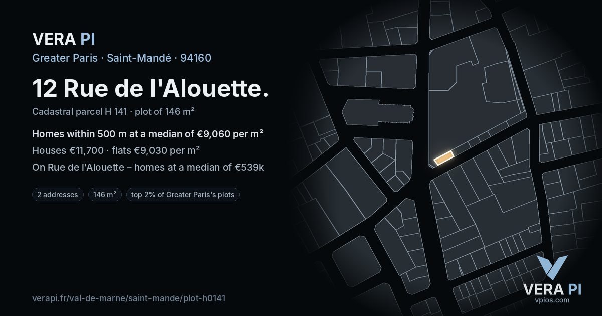 12 Rue de l'Alouette, Saint-Mandé at night – the plot lit, the parcels around coloured by the prices near them