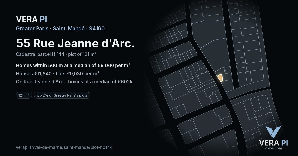 55 Rue Jeanne d'Arc, Saint-Mandé at night – the plot lit, the parcels around coloured by the prices near them