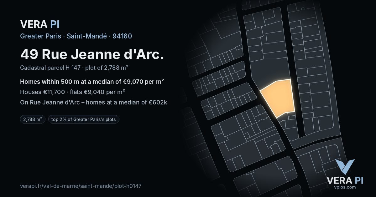 49 Rue Jeanne d'Arc, Saint-Mandé at night – the plot lit, the parcels around coloured by the prices near them