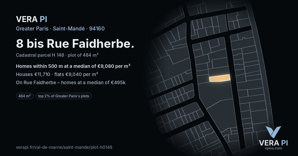 8 bis Rue Faidherbe, Saint-Mandé at night – the plot lit, the parcels around coloured by the prices near them