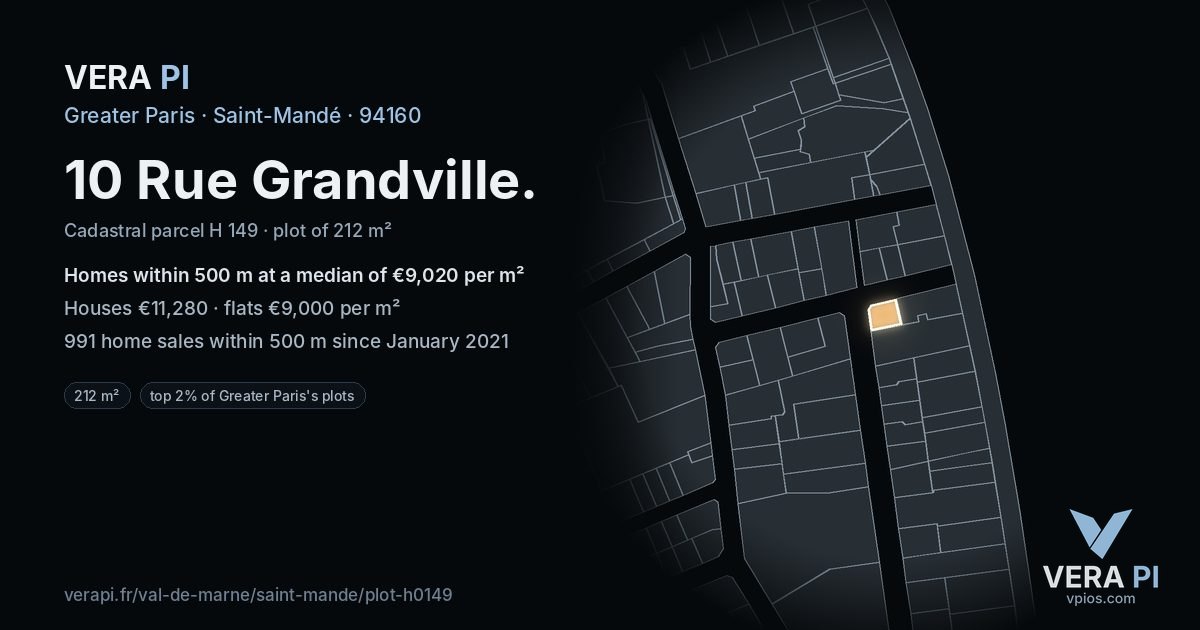 10 Rue Grandville, Saint-Mandé at night – the plot lit, the parcels around coloured by the prices near them
