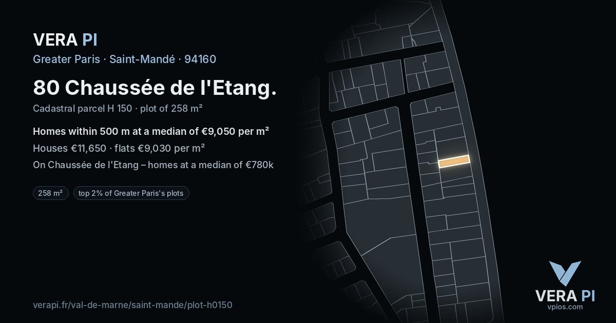 80 Chaussée de l'Etang, Saint-Mandé at night – the plot lit, the parcels around coloured by the prices near them