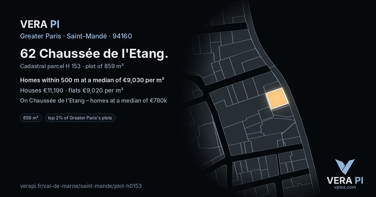 62 Chaussée de l'Etang, Saint-Mandé at night – the plot lit, the parcels around coloured by the prices near them