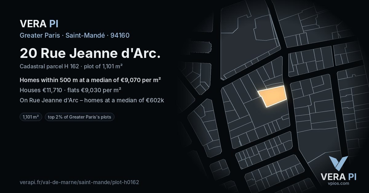 20 Rue Jeanne d'Arc, Saint-Mandé at night – the plot lit, the parcels around coloured by the prices near them