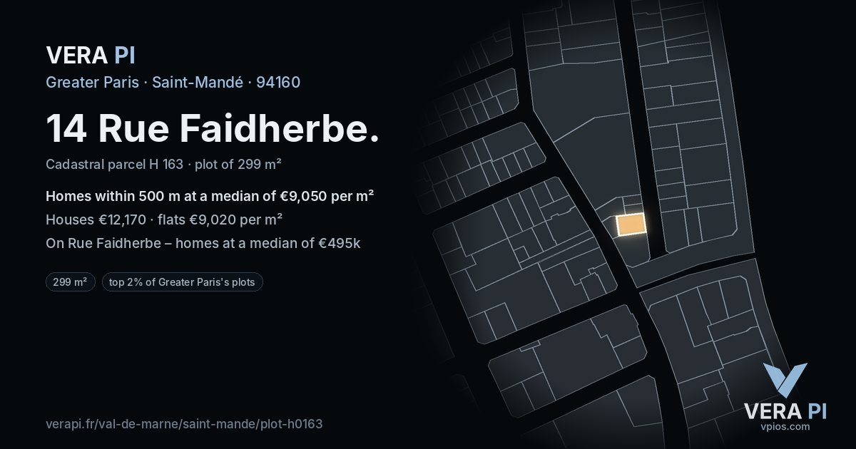 14 Rue Faidherbe, Saint-Mandé at night – the plot lit, the parcels around coloured by the prices near them