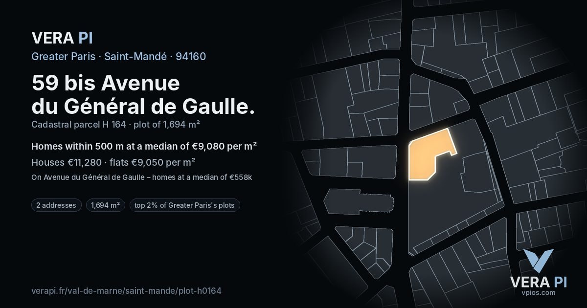 59 bis Avenue du Général de Gaulle, Saint-Mandé at night – the plot lit, the parcels around coloured by the prices near them