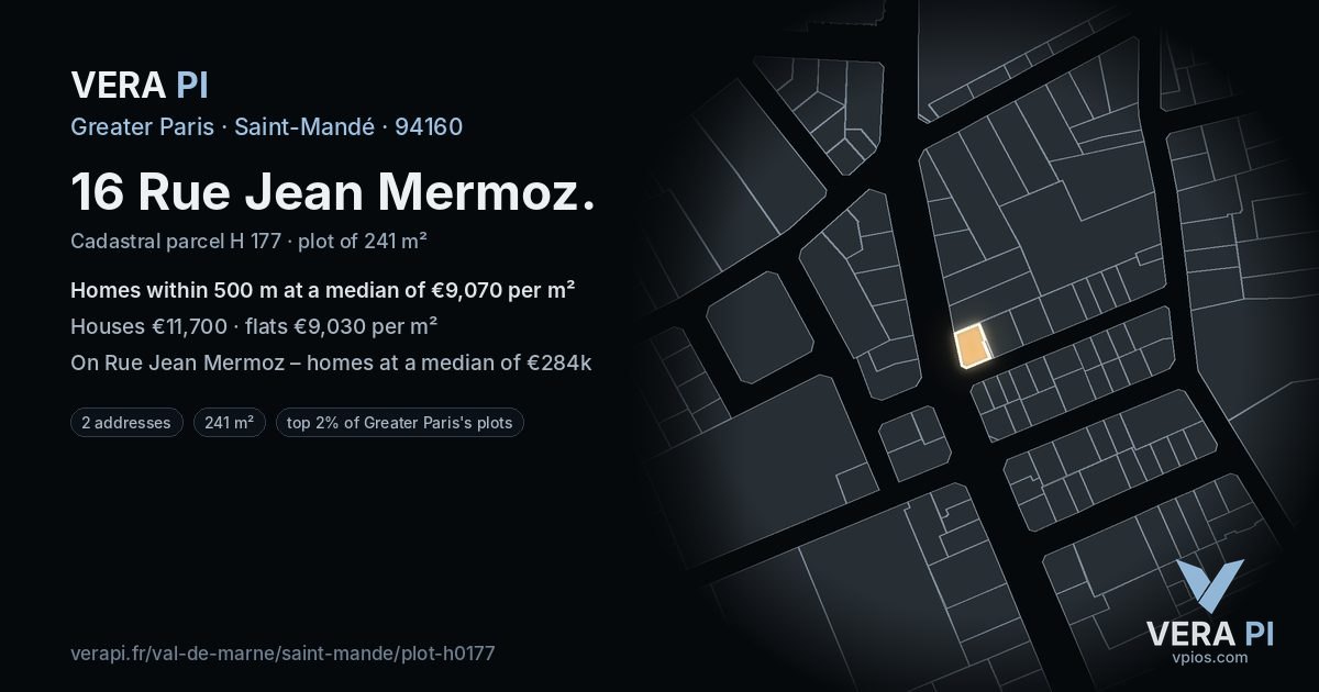 16 Rue Jean Mermoz, Saint-Mandé at night – the plot lit, the parcels around coloured by the prices near them