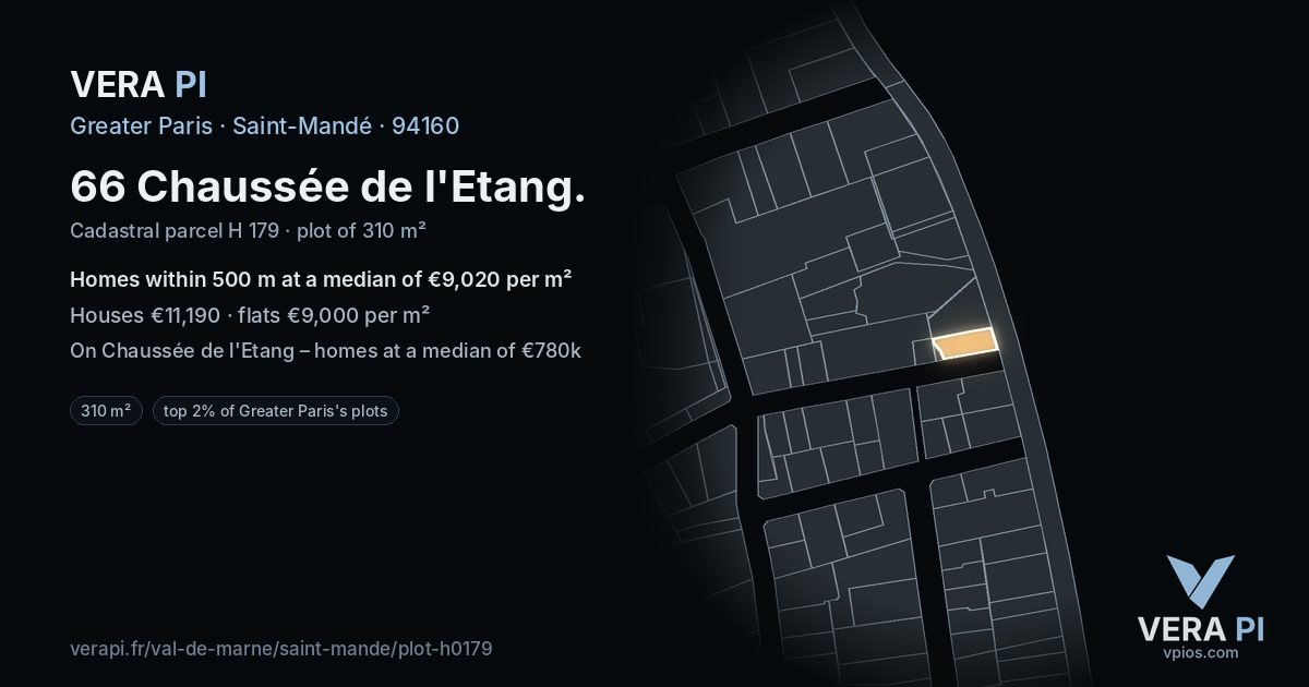 66 Chaussée de l'Etang, Saint-Mandé at night – the plot lit, the parcels around coloured by the prices near them