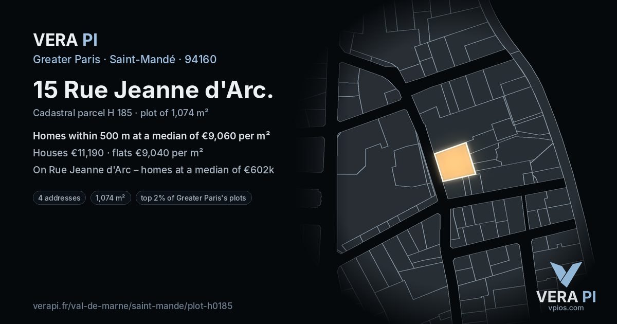 15 Rue Jeanne d'Arc, Saint-Mandé at night – the plot lit, the parcels around coloured by the prices near them