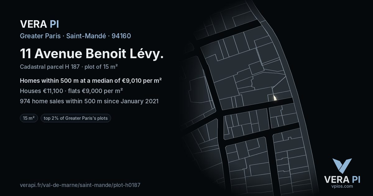 11 Avenue Benoit Lévy, Saint-Mandé at night – the plot lit, the parcels around coloured by the prices near them
