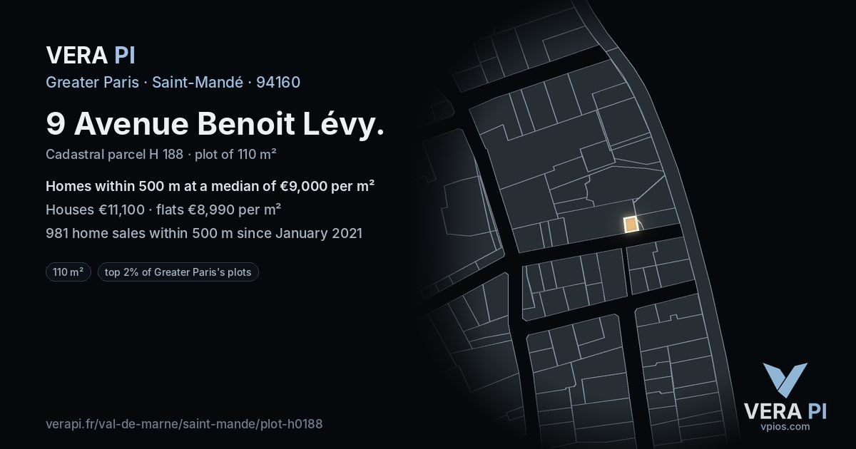 9 Avenue Benoit Lévy, Saint-Mandé at night – the plot lit, the parcels around coloured by the prices near them