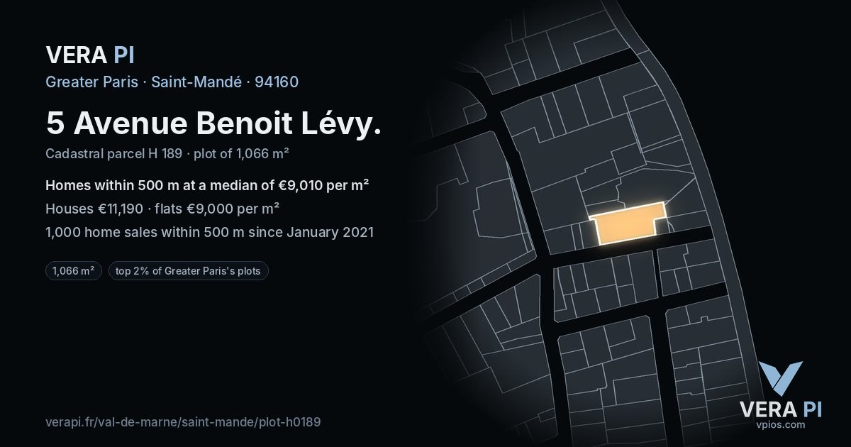 5 Avenue Benoit Lévy, Saint-Mandé at night – the plot lit, the parcels around coloured by the prices near them