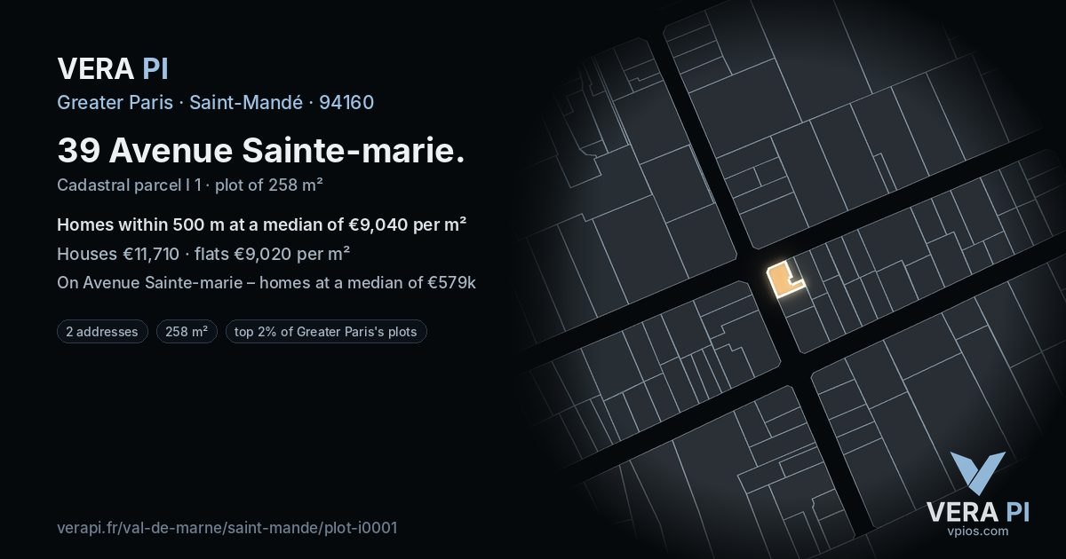 39 Avenue Sainte-marie, Saint-Mandé at night – the plot lit, the parcels around coloured by the prices near them