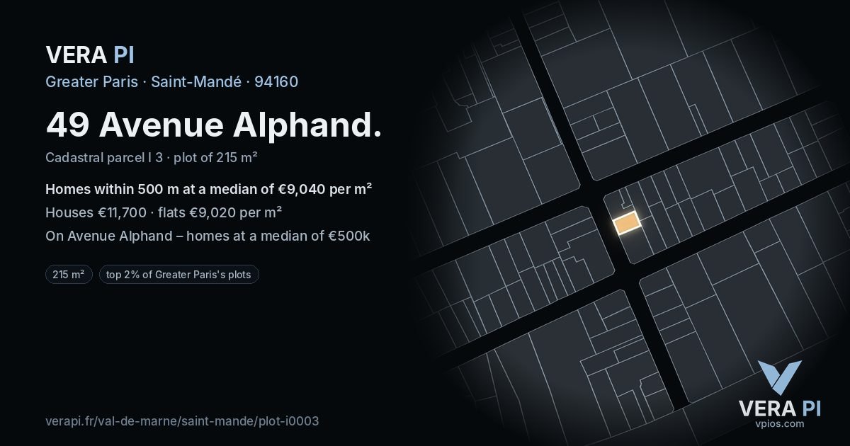 49 Avenue Alphand, Saint-Mandé at night – the plot lit, the parcels around coloured by the prices near them