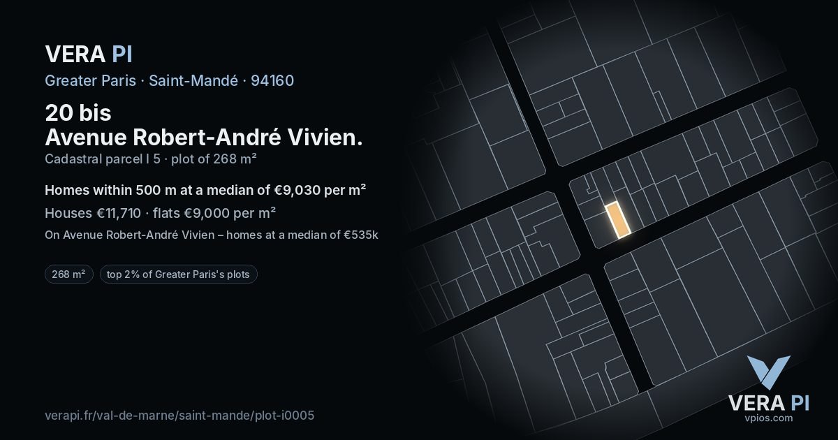 20 bis Avenue Robert-André Vivien, Saint-Mandé at night – the plot lit, the parcels around coloured by the prices near them