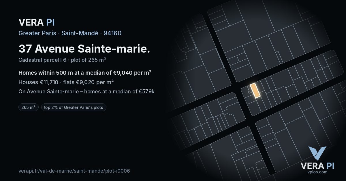 37 Avenue Sainte-marie, Saint-Mandé at night – the plot lit, the parcels around coloured by the prices near them