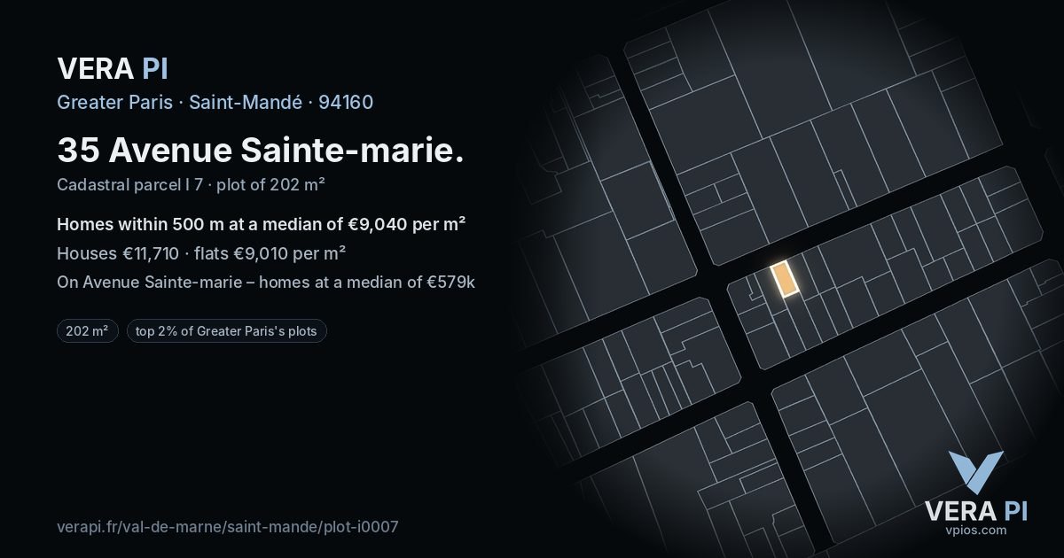 35 Avenue Sainte-marie, Saint-Mandé at night – the plot lit, the parcels around coloured by the prices near them