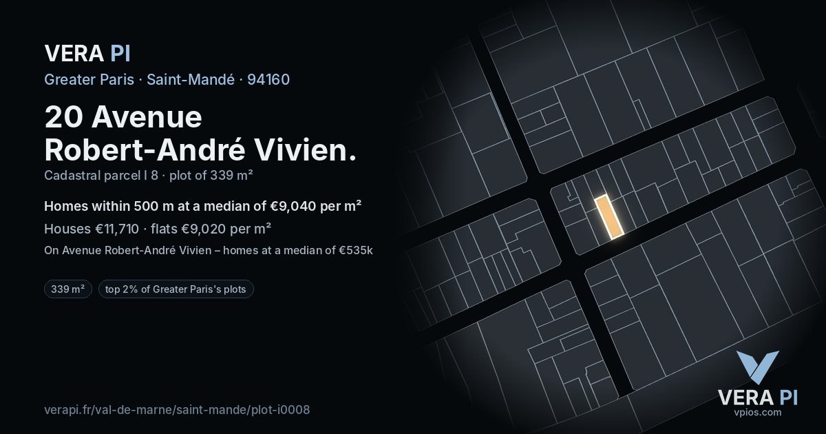 20 Avenue Robert-André Vivien, Saint-Mandé at night – the plot lit, the parcels around coloured by the prices near them